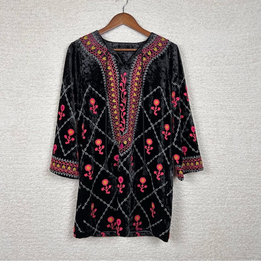 Ivy‎ Jane Dress Womens XS Black Velour Oversized Boho Whimsygoth Embroidered